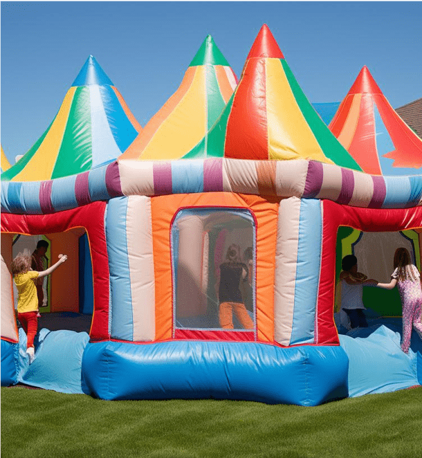 A large inflatable bouncy castle filled with children joyfully playing and jumping inside