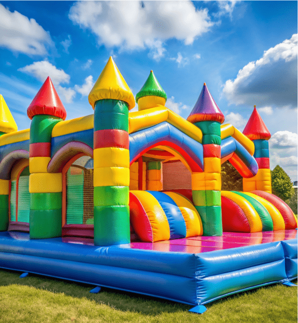 Colorful inflatable bounce house with turrets on grass under a blue sky with clouds
